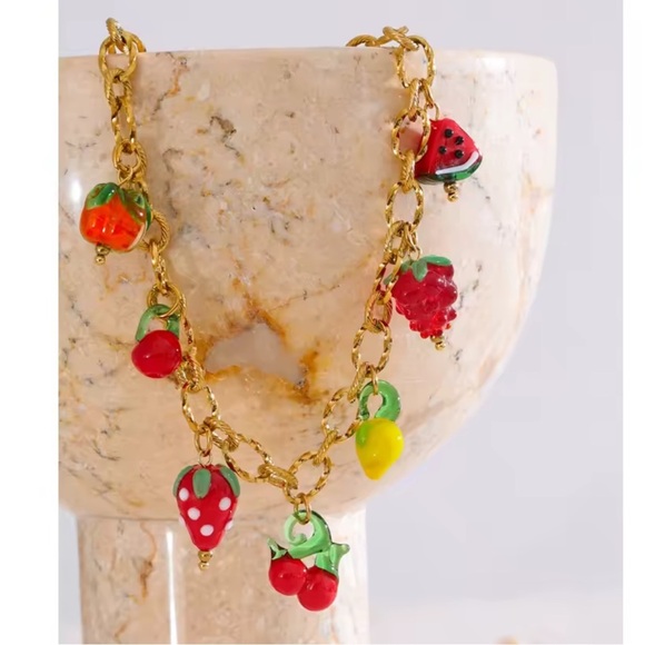 Tutti Frutti Charm 18K Gold Stainless Steel Waterproof Necklace - Picture 1 of 8